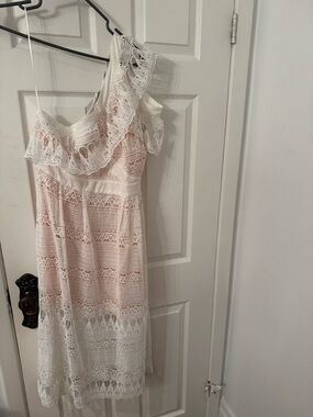 One-Shoulder Lace Midi Dress in White